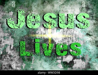 Gesù vive Gesù salva e il pesce icthus il segno per i credenti Foto Stock