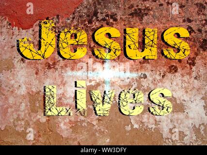 Gesù vive Gesù salva e il pesce icthus il segno per i credenti Foto Stock