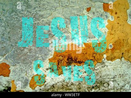 Gesù vive Gesù salva e il pesce icthus il segno per i credenti Foto Stock