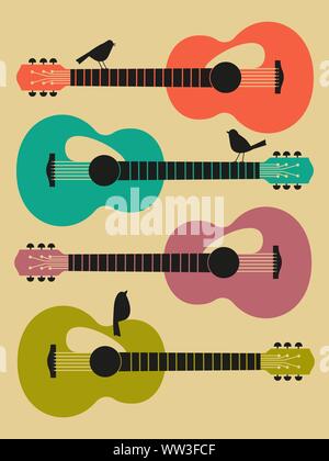 Poster di design modello con silhouette di chitarra acustica Illustrazione Vettoriale