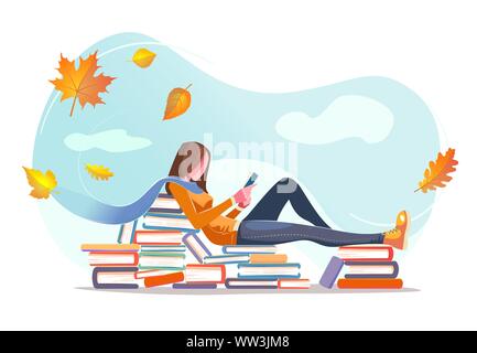 Lettura della ragazza, seduti su pile di libri in foglie di autunno sfondo. Il concept design. Bella la natura in autunno con piatto giovane donna. Scheda moderna per il web design isolato con sfondo bianco Illustrazione Vettoriale