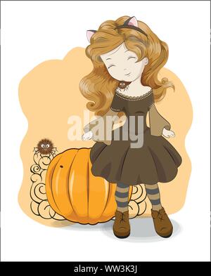 Adorabili poco Ragazza di Halloween un gatto, Gatto con le orecchie, e una crociera su uno spallamento contro il background di zucca. La foto in mano lo stile di disegno, Illustrazione Vettoriale