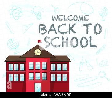 Un ritorno a scuola di testo e una scuola edificio rosso Illustrazione Vettoriale