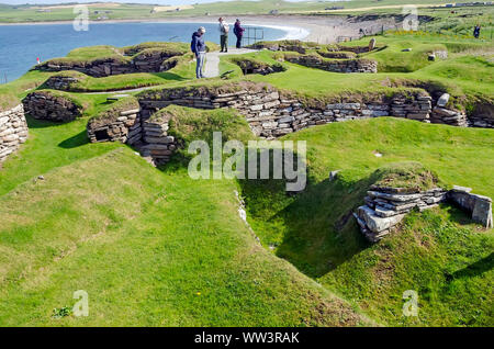 Skara Brae Neolitchic insediamento più di 5 mila anni fa è il meglio conservato età della pietra villaggio neolitico in nord Europa, isole Orcadi, Scozia Foto Stock