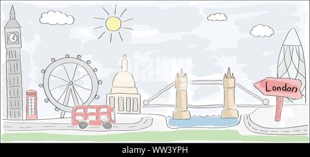Bambino colorato stile di disegno della city di Londra in Inghilterra con Double Decker bus Illustrazione Vettoriale