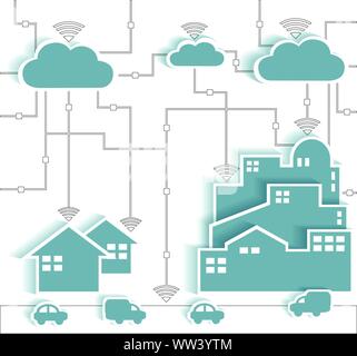 Il Cloud Computing connettività ritaglio di carta adesivi City Network - collegamento Internet Wifi concetto, miscele EPS10 raggruppati e stratificati Illustrazione Vettoriale