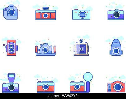 Le icone della telecamera a schermo piatto a colori e stile. Illustrazione Vettoriale. Illustrazione Vettoriale