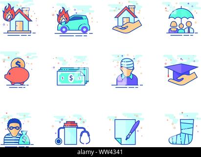 Icone di assicurazione a schermo piatto a colori e stile. Illustrazione Vettoriale. Illustrazione Vettoriale