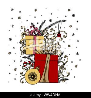 Natale biglietto di auguri. Pila di vacanza presenta. Decorazione di natale, cartoon confezioni regalo, nastri, sfere, stelle e fiocchi di neve. Disegnata a mano illustrazione vettoriale. Illustrazione Vettoriale