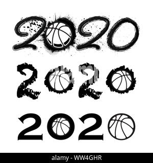 Tre neri grunge 2020 numeri con i simboli di pallacanestro Illustrazione Vettoriale