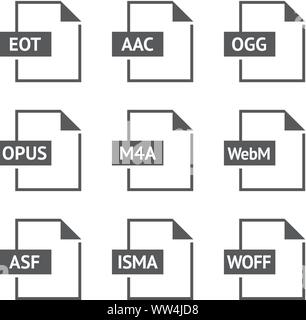 Formato file icon series in bianco e nero. Web video e audio. Illustrazione Vettoriale. Illustrazione Vettoriale