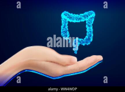 Primo piano della mano femminile nei medici rivestire ponting o il trattenimento del colon, intestino, sistema digestivo, Anatomia Umana. Medicina, sanità e pubblicità co Illustrazione Vettoriale