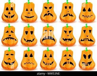 Grande set di 15 zucche di Halloween con bocca e occhi e naso come Jack O'faccia lanterna, parte 14, illustrazione vettoriale Illustrazione Vettoriale