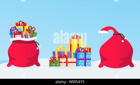 Anno nuovo o borsa regalo di Natale pieno di doni, la pila di scatole presenta e chiuso borsa regalo stile piatto design illustrazione vettoriale. Babbo Natale borsa con p Illustrazione Vettoriale