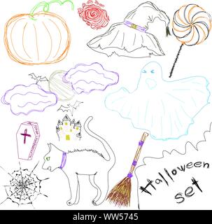 Icone di Halloween una raccolta di divertenti icone di Halloween. Disegno Scetch. Illustrazione Vettoriale Illustrazione Vettoriale