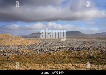 Vista panoramica verso la Pen-y-Ghent da formazioni calcaree di lunga cicatrice sul Pennine Briddleway nel Yorkshire Dales. Foto Stock