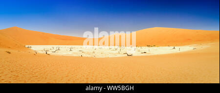 Grandi sale pan con gli alberi morti circondata da dune di sabbia rossa, Deadvlei, Namib Naukluft Park, Namibia Foto Stock
