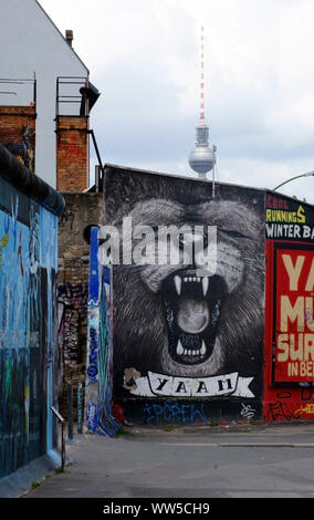 Disegno di un leone su una parete accanto alla East Side Gallery con la torre della televisione in background in Berlino, Foto Stock