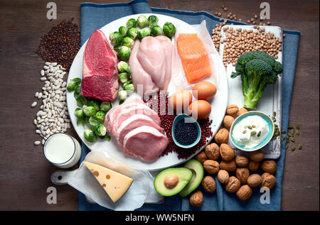 Migliori alimenti ricchi di proteine. Mangiare sano concetto. Salute del corpo e la costruzione di cibo. Vista superiore Foto Stock