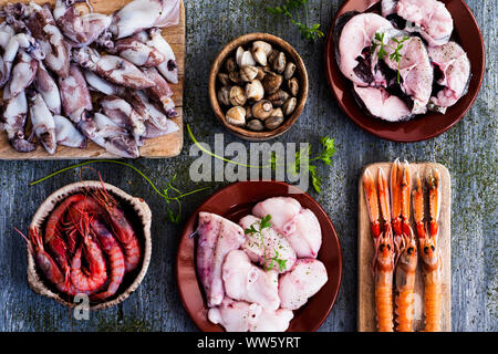 Elevato angolo di visione di un assortimento di piatti di pesce crudo, come i gamberetti e gli scampi e le vongole, calamari e alcuni pezzi del nasello e della rana pescatrice, su un rustico gra Foto Stock