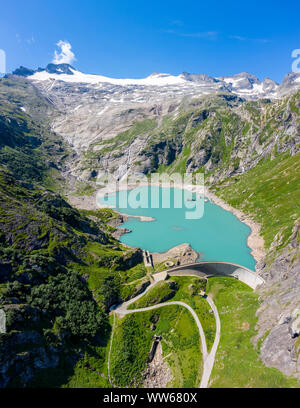 Vista aerea del ghiacciaio Basodino e il Lago del Zott con la sua diga, Robiei (, Val Bavona, Valle Maggia, Alpi Lepontine, Canton Ticino, Svizzera. Foto Stock