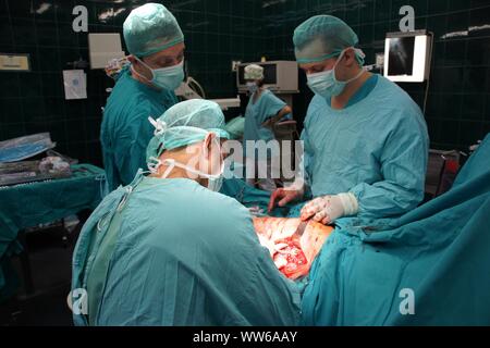 Lubin, Polonia. 26 Febbraio, 2009. Ospedale comunale in Polonia - una anastomosi del femore e un 62-anno-vecchia donna che si è infortunato come risultato di scivolare su una pavimentazione sdrucciolevole. L'osso rotto completamente. La chirurgia della coscia è stato necessario per motivi medici. Le ossa dopo anastomosi sono state applicate e avvitata piastre speciali. L operazione è durata circa 3 ore. Il paziente era pienamente consapevole perché l'operazione è stata eseguita sotto anestesia intratecale. Il team è costituito da 4 medici e 4 infermieri Credito: Piotr Twardysko-Wierzbicki/ZUMA filo/Alamy Live News Foto Stock