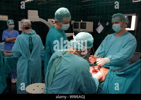 Lubin, Polonia. 26 Febbraio, 2009. Ospedale comunale in Polonia - una anastomosi del femore e un 62-anno-vecchia donna che si è infortunato come risultato di scivolare su una pavimentazione sdrucciolevole. L'osso rotto completamente. La chirurgia della coscia è stato necessario per motivi medici. Le ossa dopo anastomosi sono state applicate e avvitata piastre speciali. L operazione è durata circa 3 ore. Il paziente era pienamente consapevole perché l'operazione è stata eseguita sotto anestesia intratecale. Il team è costituito da 4 medici e 4 infermieri Credito: Piotr Twardysko-Wierzbicki/ZUMA filo/Alamy Live News Foto Stock