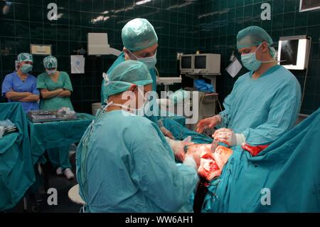 Lubin, Polonia. 26 Febbraio, 2009. Ospedale comunale in Polonia - una anastomosi del femore e un 62-anno-vecchia donna che si è infortunato come risultato di scivolare su una pavimentazione sdrucciolevole. L'osso rotto completamente. La chirurgia della coscia è stato necessario per motivi medici. Le ossa dopo anastomosi sono state applicate e avvitata piastre speciali. L operazione è durata circa 3 ore. Il paziente era pienamente consapevole perché l'operazione è stata eseguita sotto anestesia intratecale. Il team è costituito da 4 medici e 4 infermieri Credito: Piotr Twardysko-Wierzbicki/ZUMA filo/Alamy Live News Foto Stock