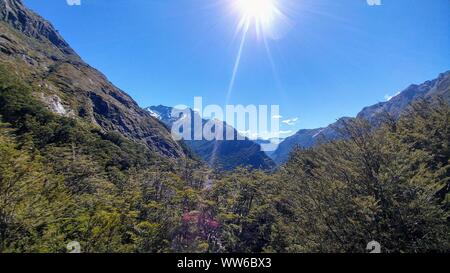 Montagna innevata all'orizzonte con alberi e cespugli di fronte ad esso in Nuova Zelanda Foto Stock