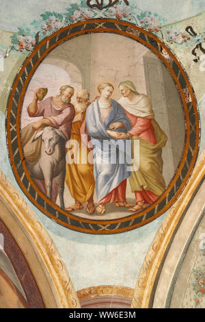 La Visitazione di Maria Vergine, affresco sul soffitto di San Giovanni Battista a Zagabria in Croazia Foto Stock