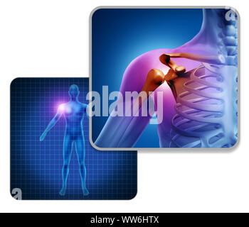 Spalla umana dolore articolare concetto come scheletro del muscolo e di anatomia del corpo con mal di infiammazione come una dolorosa lesione o malattia artrite simbolo. Foto Stock