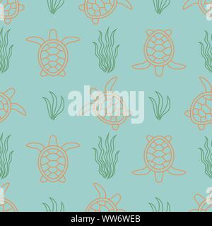 Bellissimo modello senza soluzione di continuità con le tartarughe di mare e alghe. Sullo sfondo del mare. Vettore illustrazione colorata EPS10 Illustrazione Vettoriale