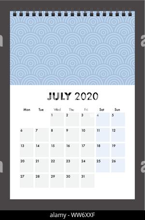 Un calendario 2020 con wire bind Illustrazione Vettoriale