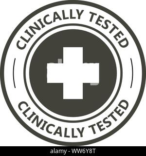 Clinicamente testato timbro - comprovata prodotti medicali etichetta, icona a forma di croce Illustrazione Vettoriale