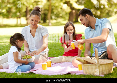 La famiglia felice avente picnic al parco di estate Foto Stock