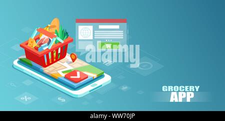 Consegna di generi alimentari e di shopping via smartphone il concetto di app. Vettore isometrica di una cesta piena di verdure e di alimenti in un display dello smartphone Illustrazione Vettoriale