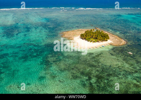 Guyam isola, Siargao, Filippine. Piccola isola con palme e una spiaggia di sabbia bianca. Isole Filippine. Foto Stock