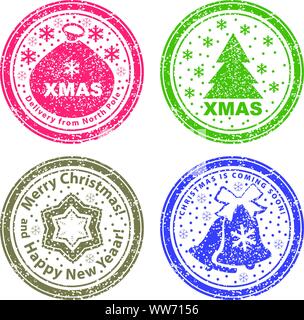 Serie di francobolli del vettore. Sacco di natale, albero di Natale e campane di neve. Illustrazione Vettoriale