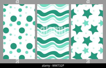 Baby boy seamless patterns set. Collezione di ornamenti in colori verde con texture differenti per bambini e tessuto tessile. Illustrazione Vettoriale. Illustrazione Vettoriale
