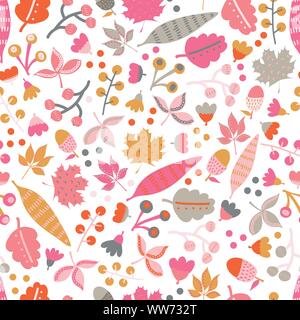 Seamless disegno vettoriale caduta doodle foglie. Lo stile scandinavo ripetendo autunno pattern. Rosso rosa grigio oro foglia illustrazione. Utilizzare per la decorazione di caduta Illustrazione Vettoriale