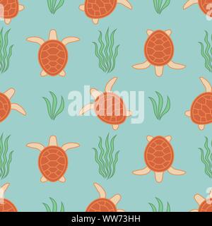 Bellissimo modello senza soluzione di continuità con le tartarughe di mare e alghe. Sullo sfondo del mare. Vettore illustrazione colorata EPS10 Illustrazione Vettoriale