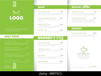 Luce moderno stile minimalista ristorante menu modello con tre colonne il layout di progettazione, verde accento e tipografia di nizza Illustrazione Vettoriale