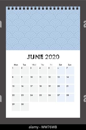 Un calendario 2020 con wire bind Illustrazione Vettoriale