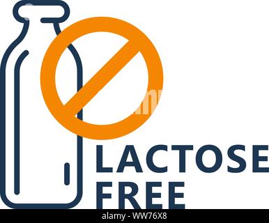 Senza lattosio icona - bottiglia di latte icona con segno di divieto, pacchetto di prodotti lattiero-caseari timbro Illustrazione Vettoriale