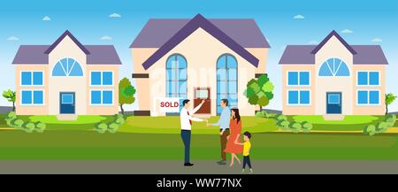 Vettore di un agente immobiliare fornendo nuove chiavi di casa per una giovane coppia Illustrazione Vettoriale
