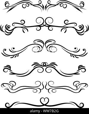 Disegnato a mano i divisori decorativo e frontiere vector set. Creative swirles calligrafico in arte divisori lo stile per il testo, tatoo, pagine e il decor varietà Illustrazione Vettoriale