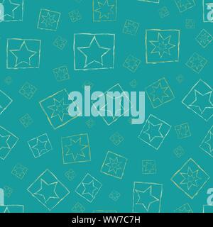 Vector seamless pattern con varietà di cornici e di stelle d'oro nella spazzolata pittorica di stile sulla luce sfondo teal. Atmosfera rilassata e rilassato. Ideale per Illustrazione Vettoriale