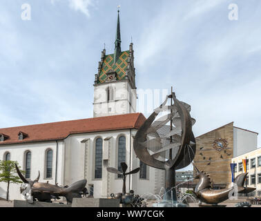 Friedrichshafen, Baden-WÃ¼rttemberg, Germania, Buchhornbrunnen e Nikolauskirche, Foto Stock