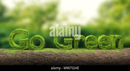 Go Green 3D parola fatta con erba verde isolato su blur giungla verde dello sfondo. Il rendering 3D. Foto Stock