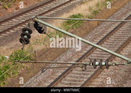 Linea ferroviaria con catenaria, Harburg, Amburgo, Germania, Europa Foto Stock